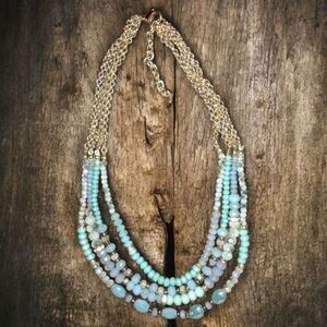 Source Unknown Gold Multi-Strand Necklace with Aqua and Light Blue Beads